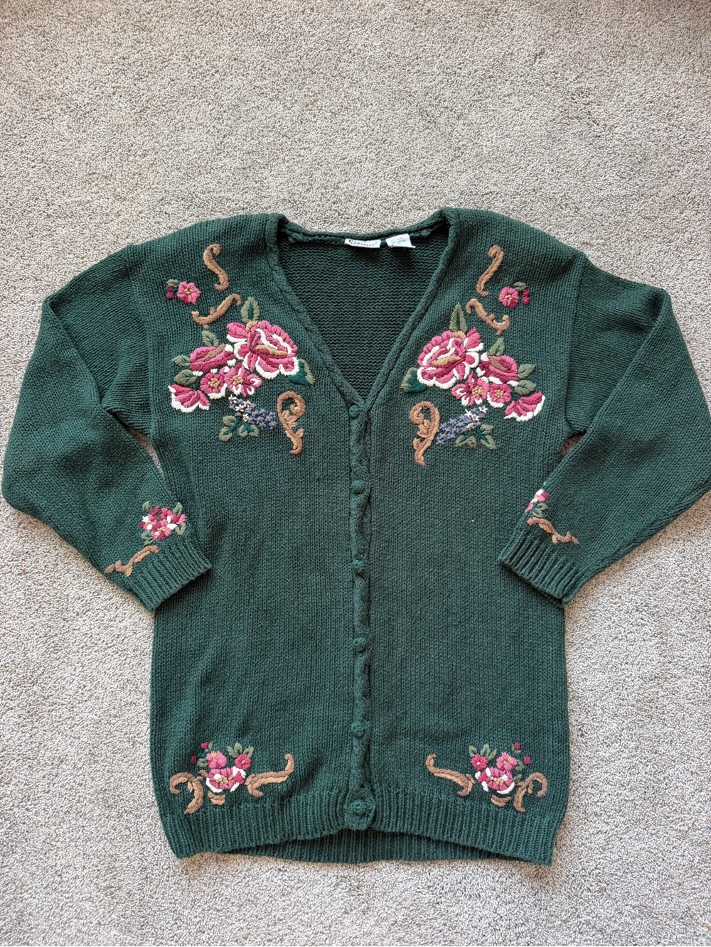Women’s Vintage Dark Green Floral Embroidered Cardigan Sweater- Size Medium